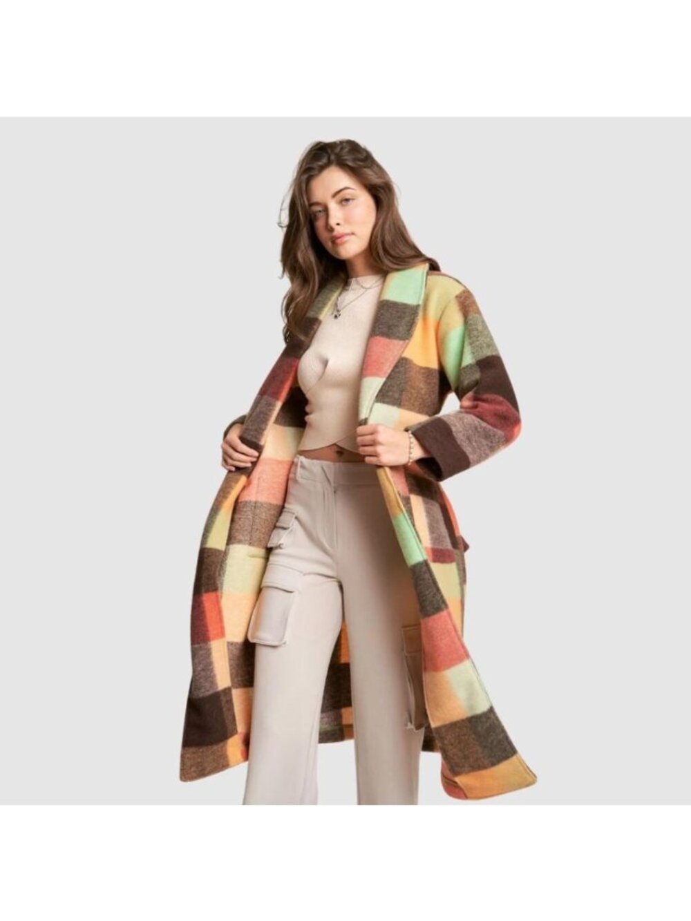 Davi & Dani Women's Fuzzy Robe L Multi Color Block Checker Waist Belt Coat NEW